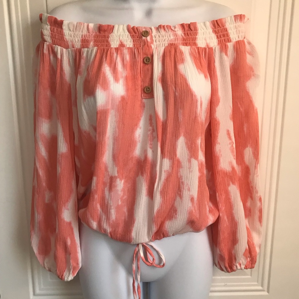 🔴 4/$15 Boutique coral & white tie dye crepey off-shoulder blouson top sz S NWT - Picture 5 of 15